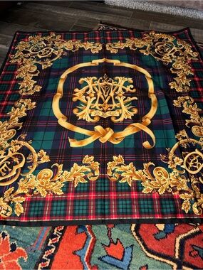 Vintage Baroque Tartan Plaid Square Scarf Gold Regal Crest Renaissance 100% Silk